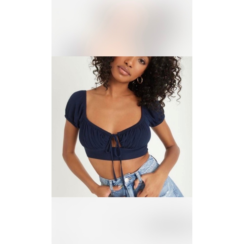 Garage Puff Sleeve Blue Crop Top Bow Tie Front Smocked Back XS Beach Boho